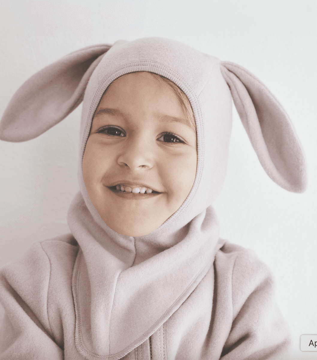 Huttelihut Elefantlue med kanin ører bomullsfleece  deauville mauve